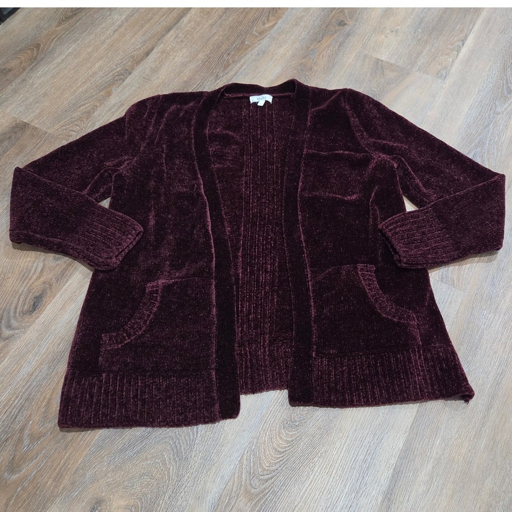Mudd Womens Burgundy Chenille Open Front Cardigan Sweater Wine Red Large
